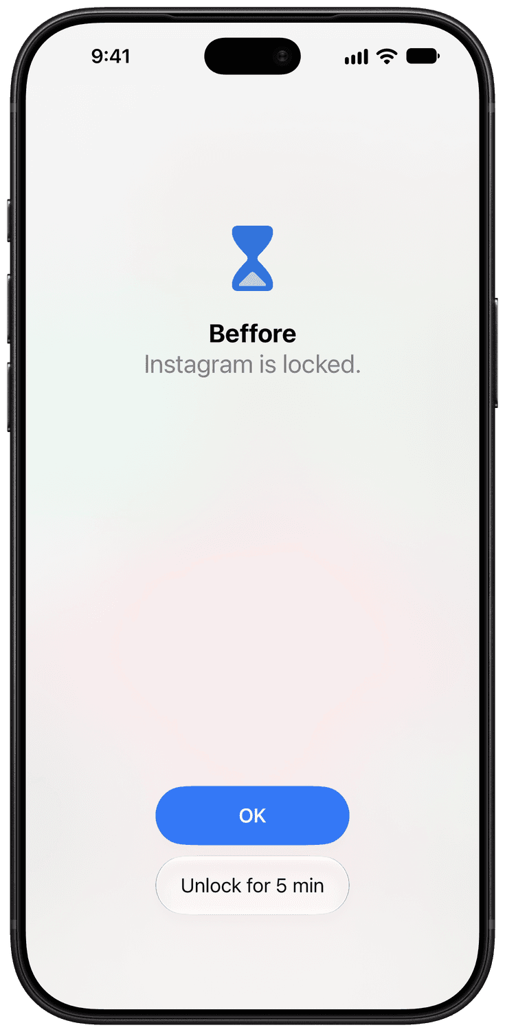 The block screen on Instagram: an hourglass, “Beffore”, “Instagram is locked.”, and two buttons, OK and “Unlock for 5 min”.
