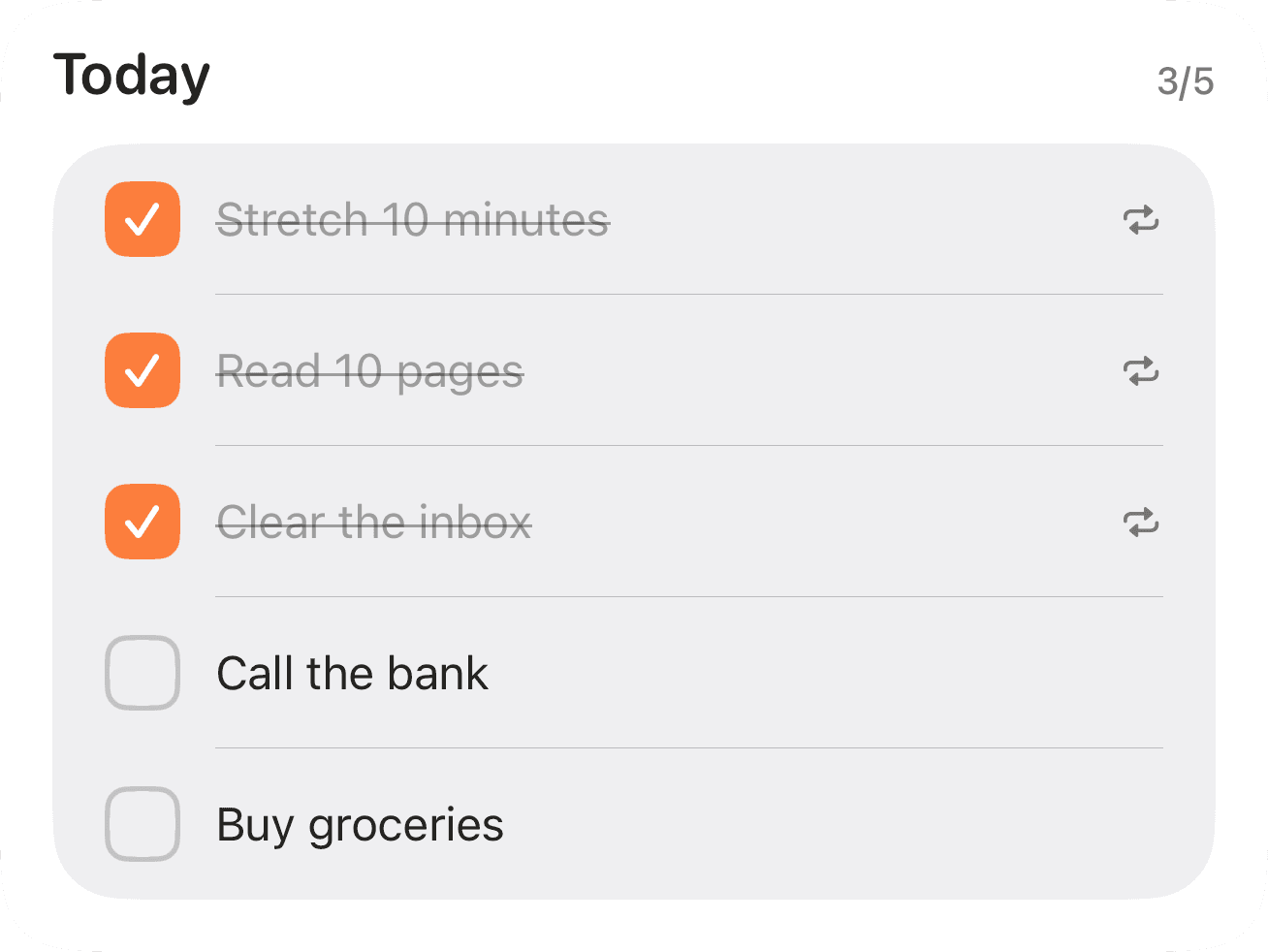 The Tasks tab’s Today list at 3 of 5: Stretch 10 minutes, Read 10 pages and Clear the inbox checked off; Call the bank and Buy groceries still to do.